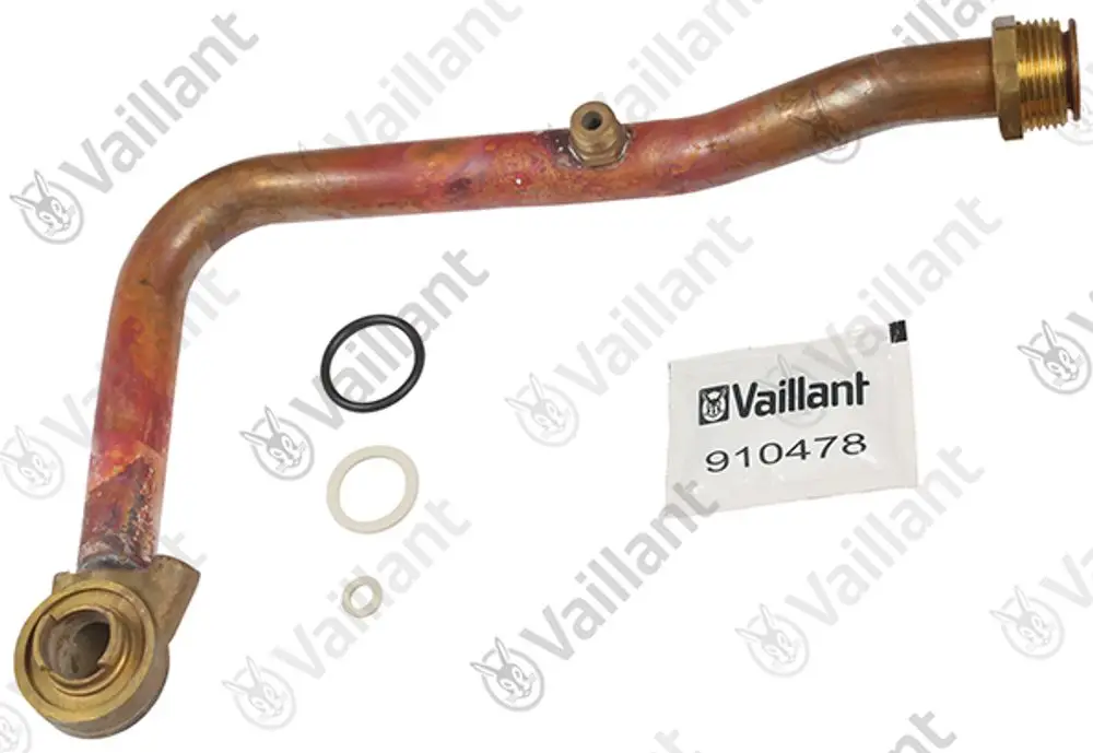 Kupferrohr von Vaillant mit zwei Anschlüssen und Gummidichtungen, geeignet für Heizungsanwendungen. Enthaltene Dichtungen in unterschiedlichen Größen.